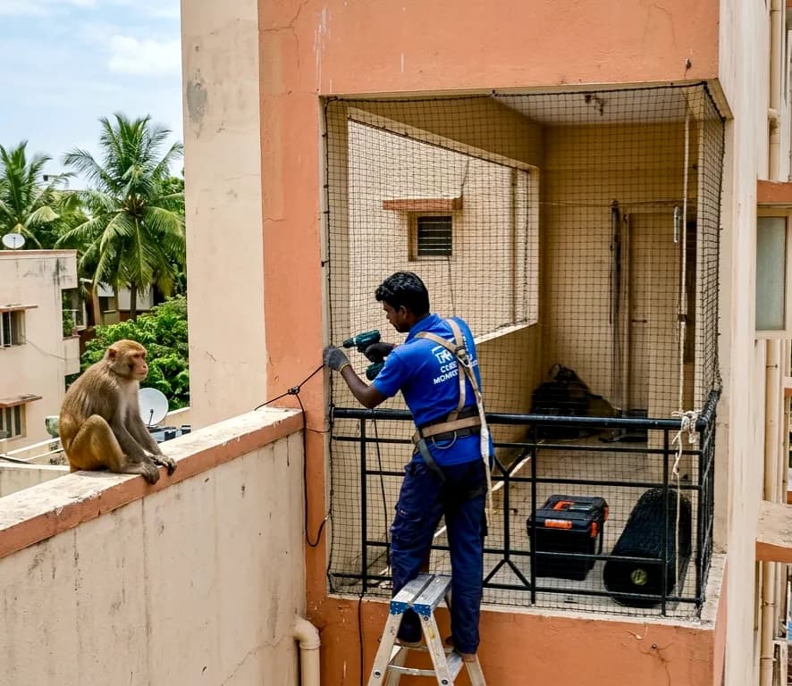Heavy-duty monkey barrier net installation on Bangalore rooftop